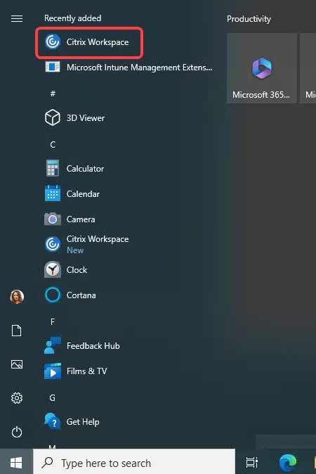 Citrix Workspace App Start Menu