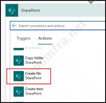 Select Create File for Sharepoint Power Automate flow action