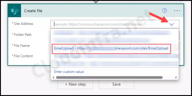 Select the sharepoint site from Site Address drop down
