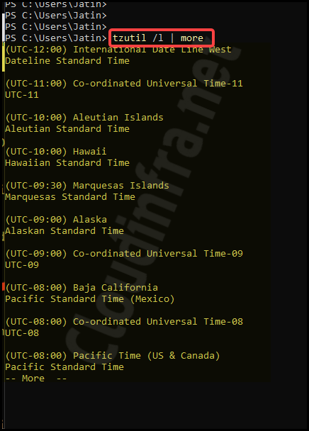tzutil /l | more