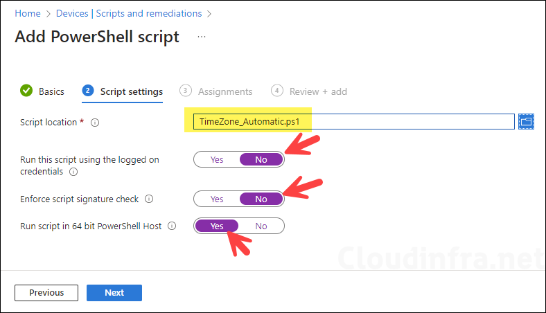 Upload Powershell script to change Time zone to automatic on Intune