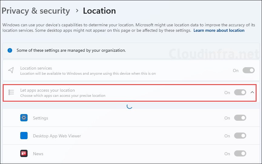 Let apps access Location is enabled by Intune and greyed out