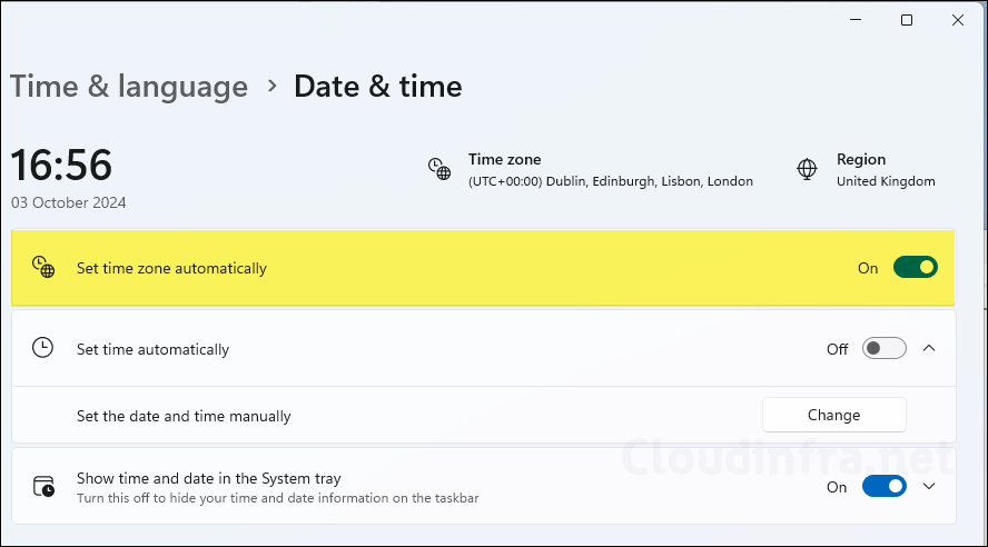 Set time zone automatically is enabled