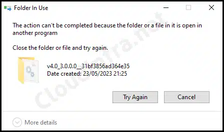 "The action can't be completed because the folder or a file in it is open in another program. Close the folder or file and try again."