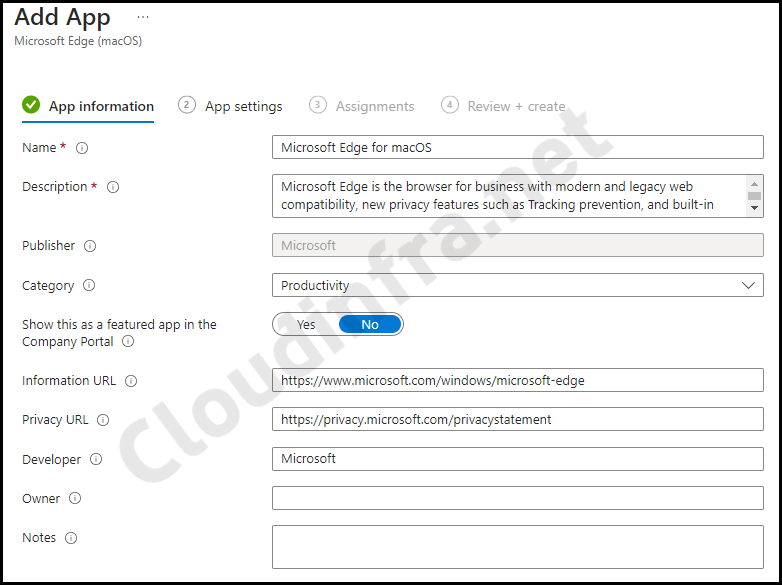 App Information settings for Microsoft Edge deployment using Intune admin center