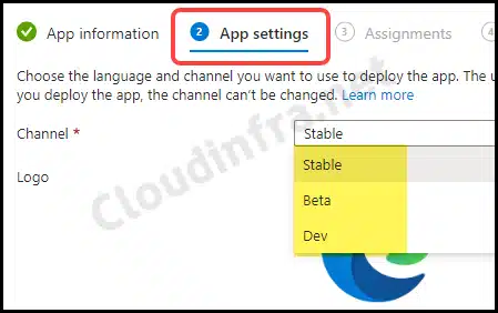 App Settings to select Edge update Channel