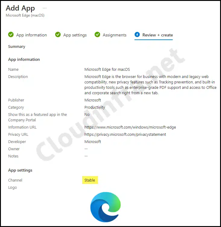 Review app deployment to deploy MS Edge browser on macOS devices using Intune admin center