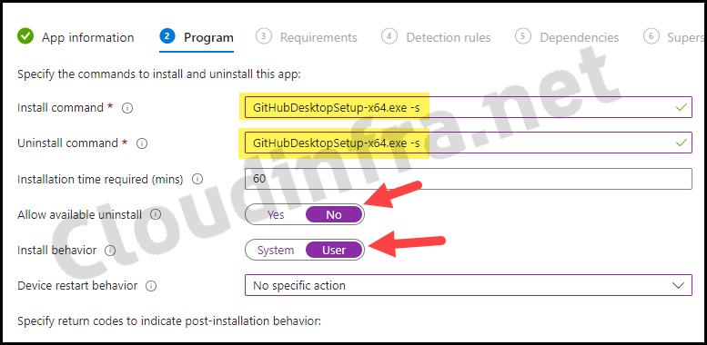 Install and Uninstall commands for Github desktop app on Intune admin center