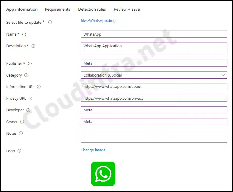 App information tab settings for deployment of WhatsApp using Intune admin center