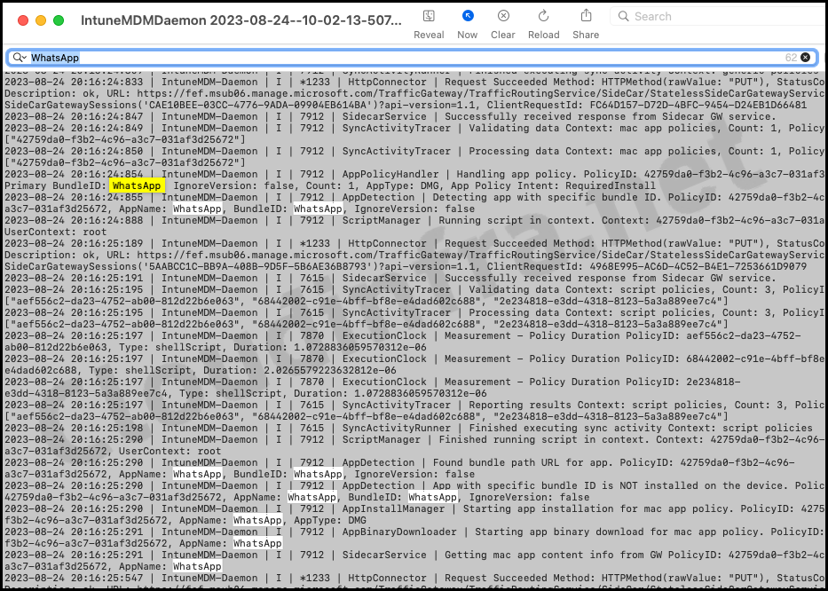 WhatsApp application deployment Intune logs in IntuneMDMDaemon.log file