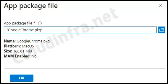 Click on blue folder Icon to browse to googlechrome.pkg file
