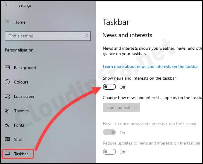 Turn off News and Interests on the taskbar on windows 10 device