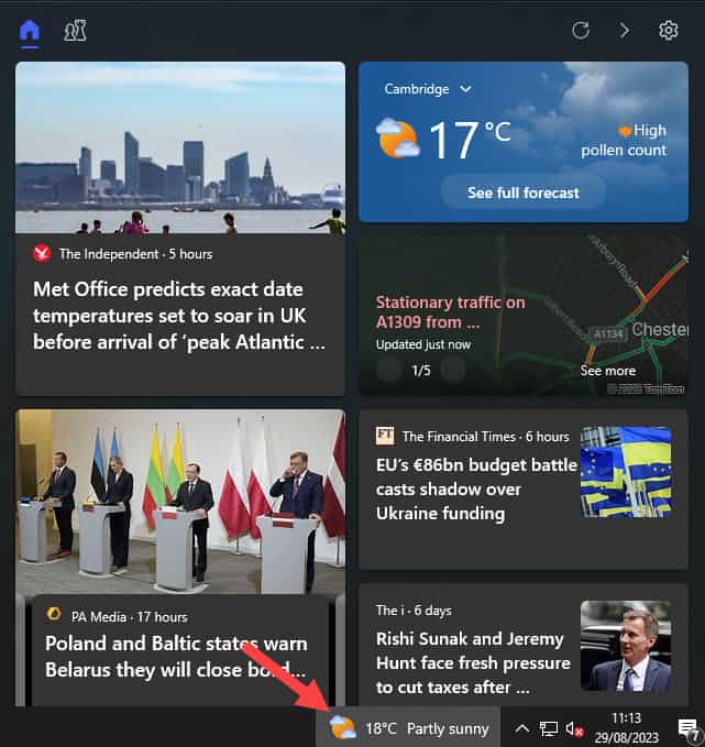 Screenshot of News and Interests Widget on a Windows 10 device