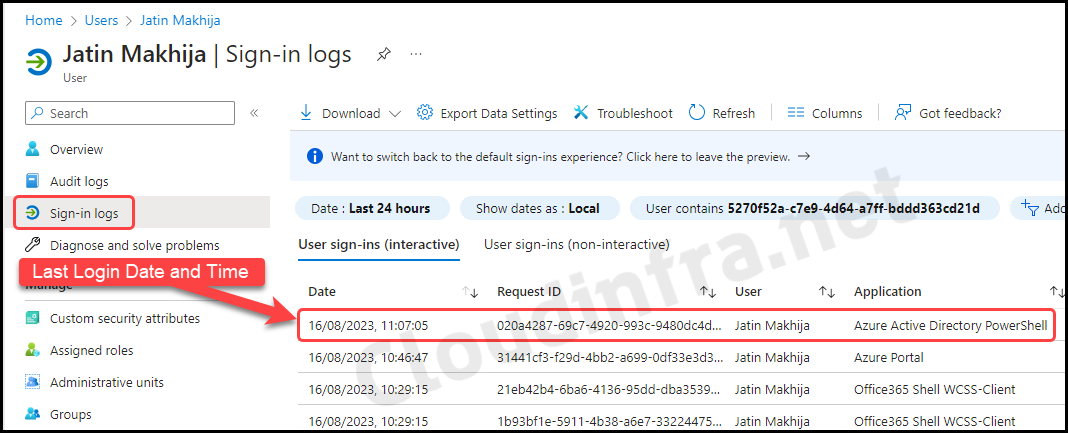 Check Last Login Information of Azure AD user using Microsoft Entra admin center