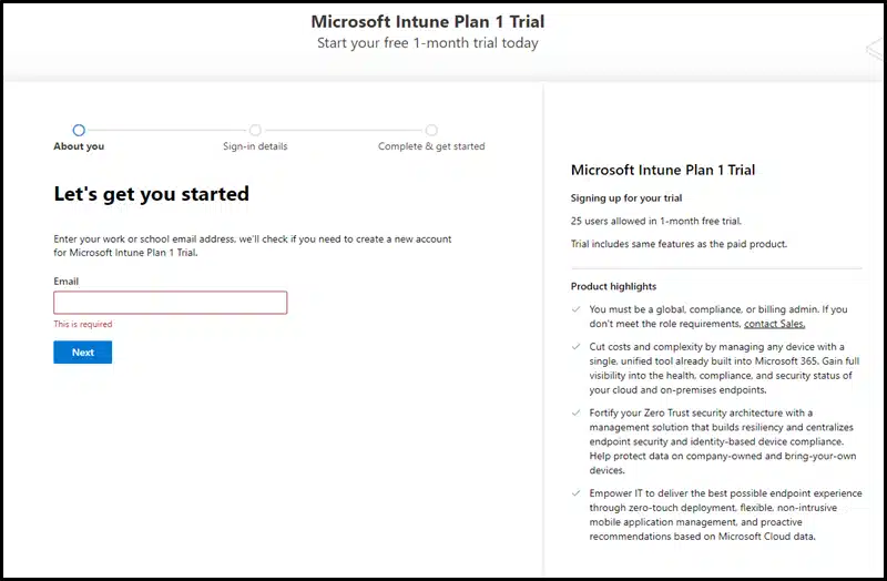 Sign up for Intune Plan 1