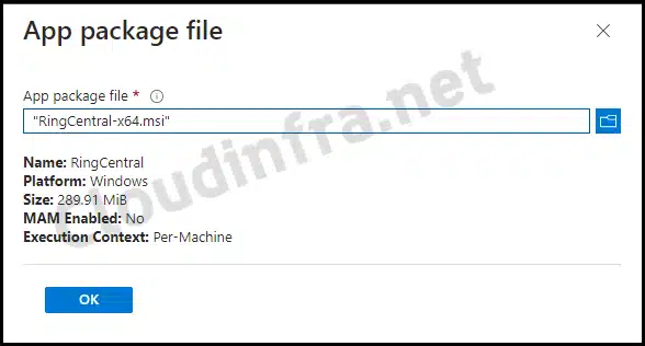 Browse to MSI app package file to create a deployment
