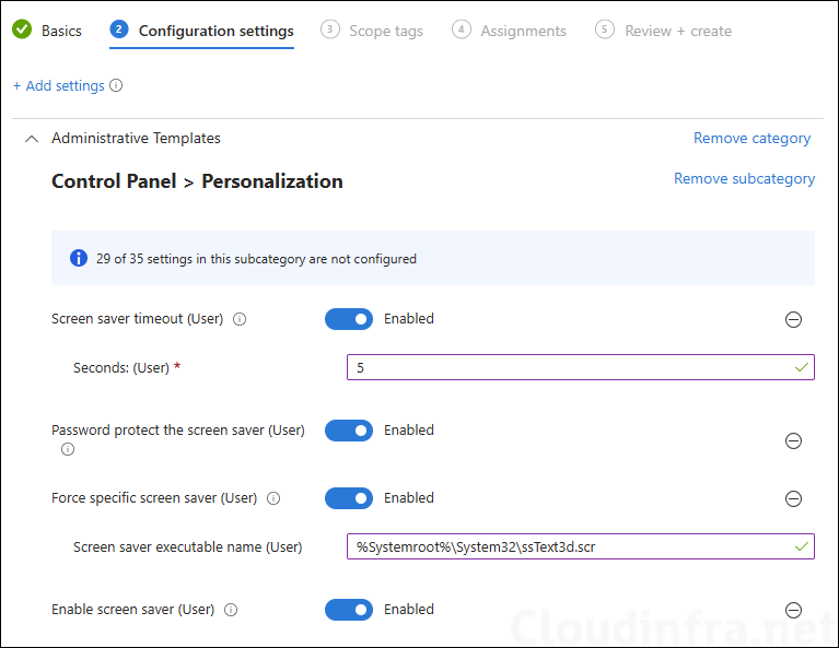 Screen Saver Intune Policy settings