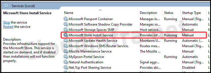 Microsoft store Install service status in services management console
