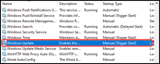 Windows update service status in services management console