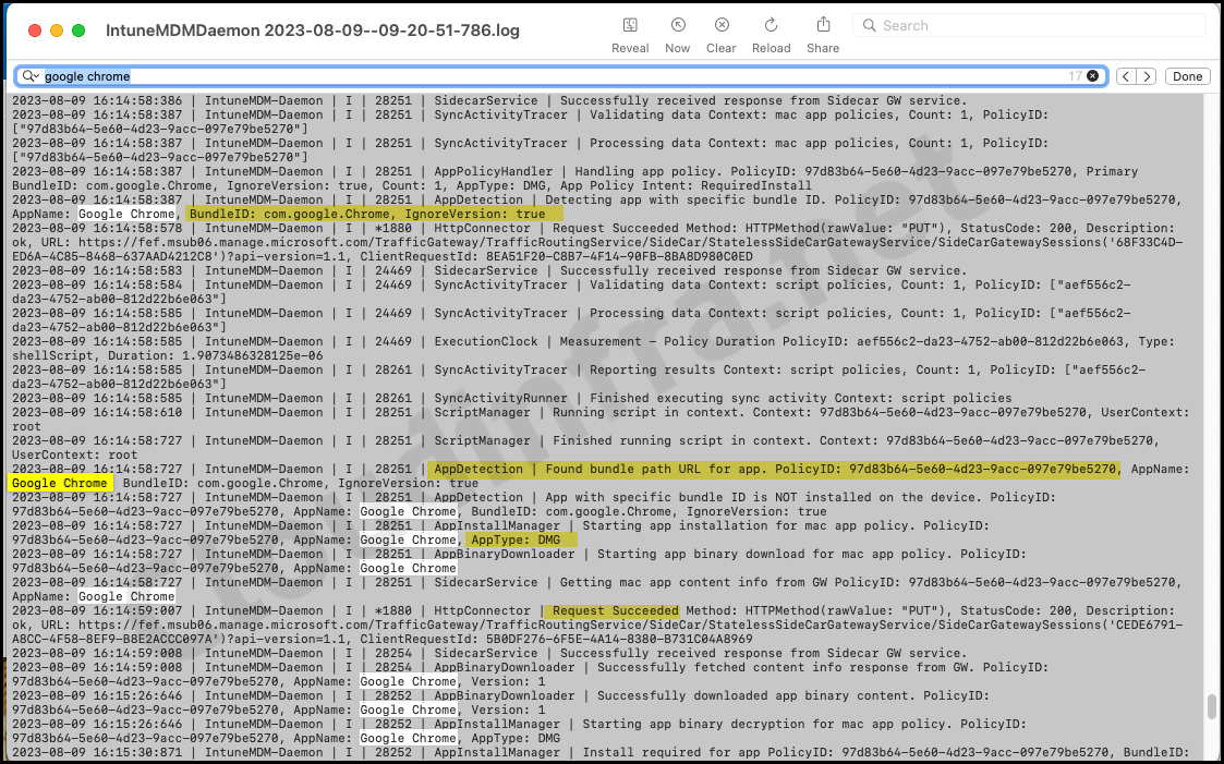 IntuneMDMDaemon*.log file shows Google chrome Installation in macOS Intune logs
