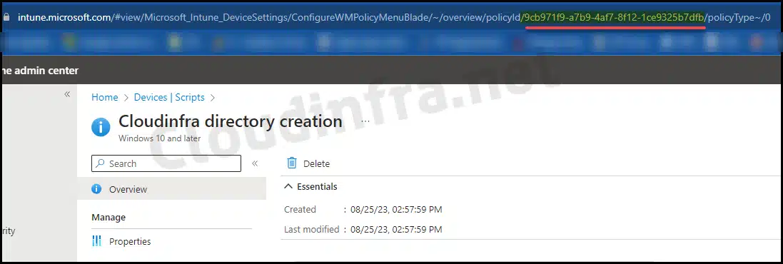Copy Policy Identifier of Powershell script deployment from Intune admin center