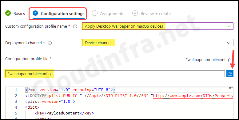 Configuration settings to upload wallpaper.mobileconfig file for applying desktop wallpaper on macOS using Intune