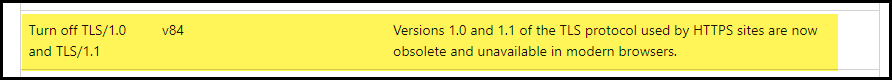 Turn Off TLS 1.0 and TLS1.1 for Microsoft Edge version 84 or later (Default setting)