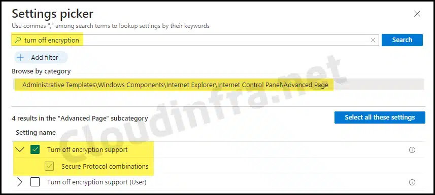 Turn off encryption support setting on Intune admin center