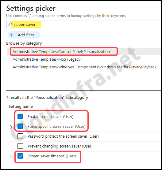Screen saver settings in Settings Catalog on Intune admin center