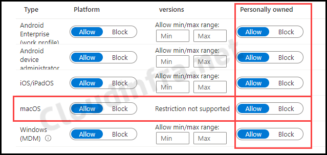 macOS enrollment restrictions settings on Intune admin center