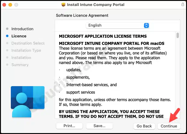 Software Licence Agreement screen - Install Company Portal App on macOS 