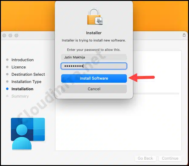 Provide administrator username and password to Install Software