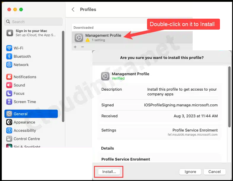 System Settings > General > Profiles and double-click on Management Profile