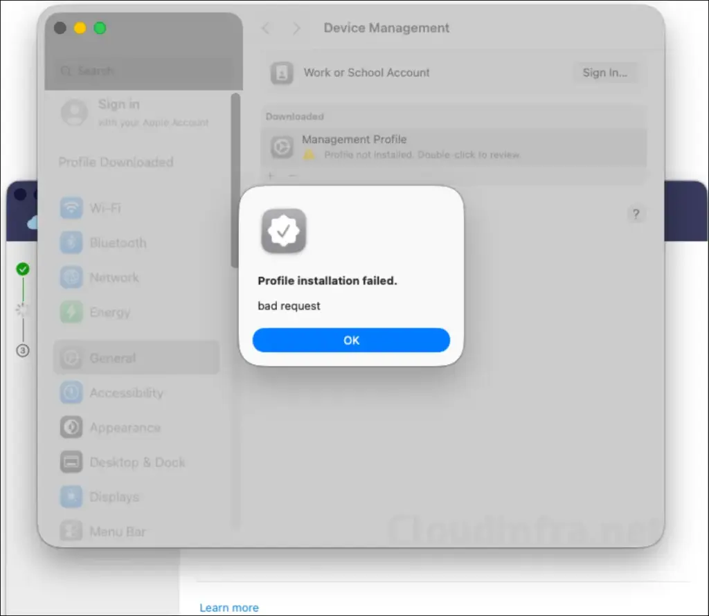Profile installation failed. Bad Request