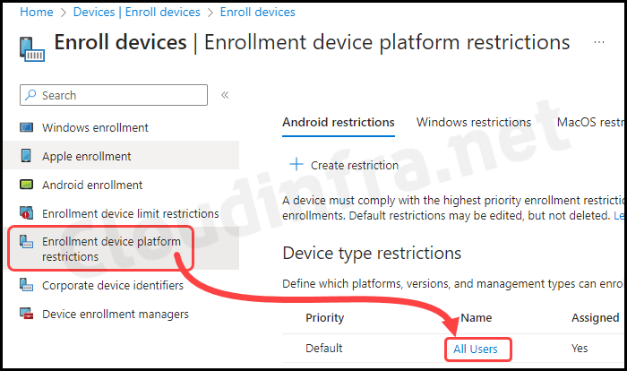 Device type restrictions policy under Enrollment device platform restrictions