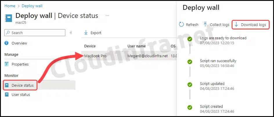 Download Logs option for macOS device on Intune admin center