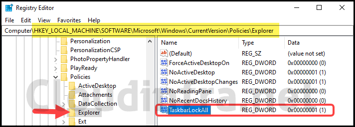 TaskbarLockAll registry entry on Windows 10 device to disable taskbar settings