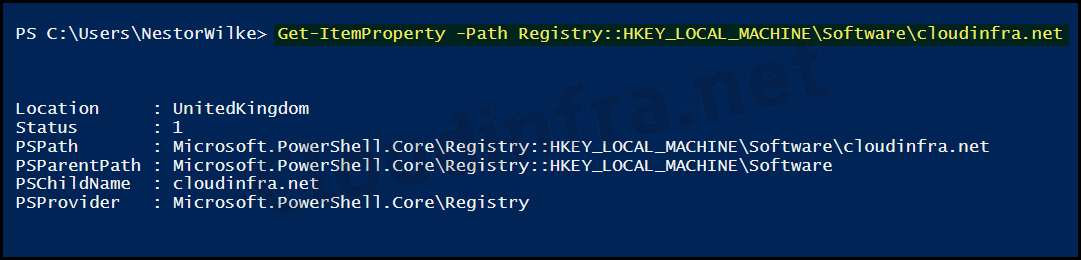 Get-ItemProperty -Path Registry::HKEY_LOCAL_MACHINE\Software\cloudinfra.net