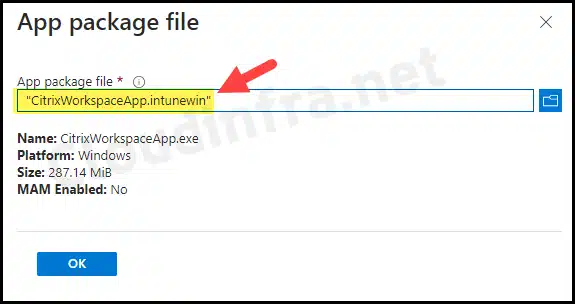 Browse to and select CitrixWorkspaceApp.intunewin file