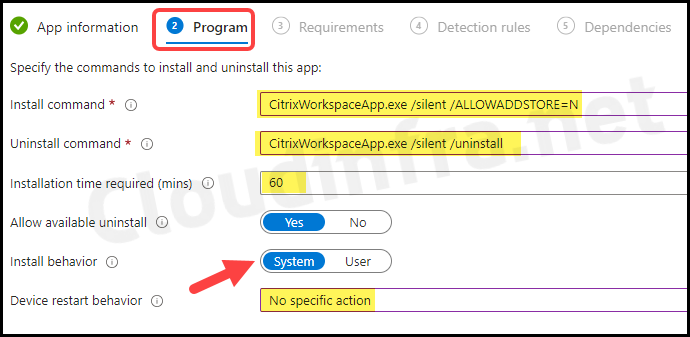 Provide Install and Uninstall commands for Citrix Workspace App deployment using Intune