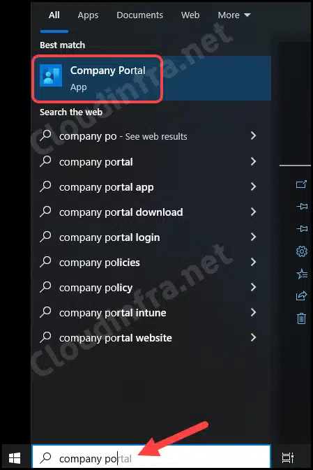 Search for Company Portal app from Start menu