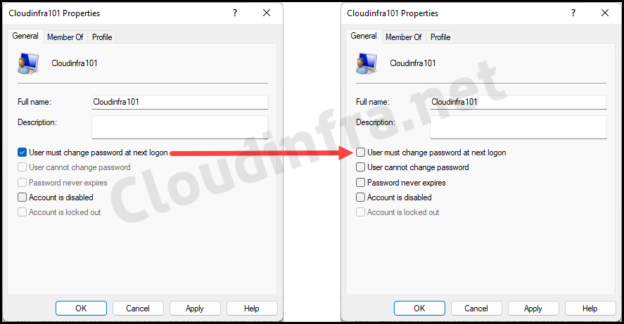 User must change password at next logon setting disable for a local user cloudinfra101