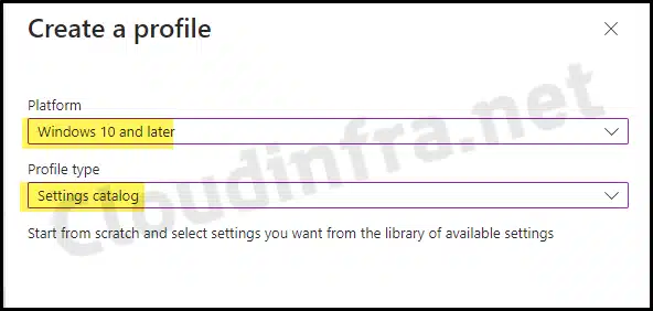 Intune settings catalog selection for Windows 10 and later profile