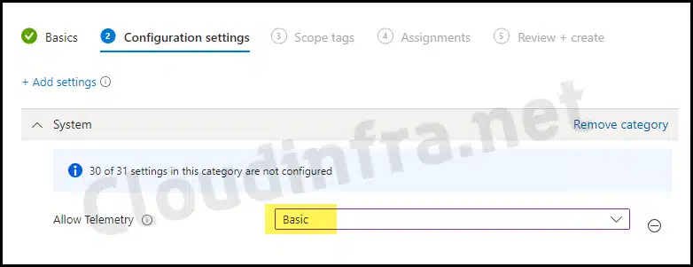 Select from Basic, Security or Full Telemetry level options under Configuration settings tab