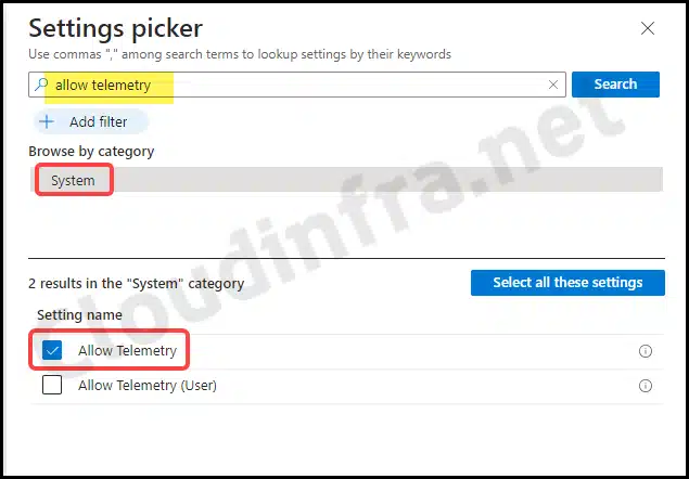 Allow Telemetry selection from Settings Catalog on Intune admin center