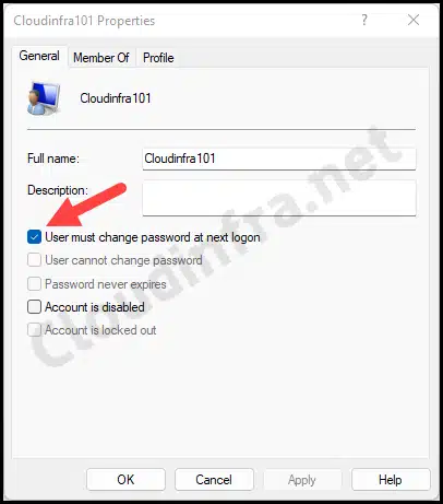 User must Change password at next logon