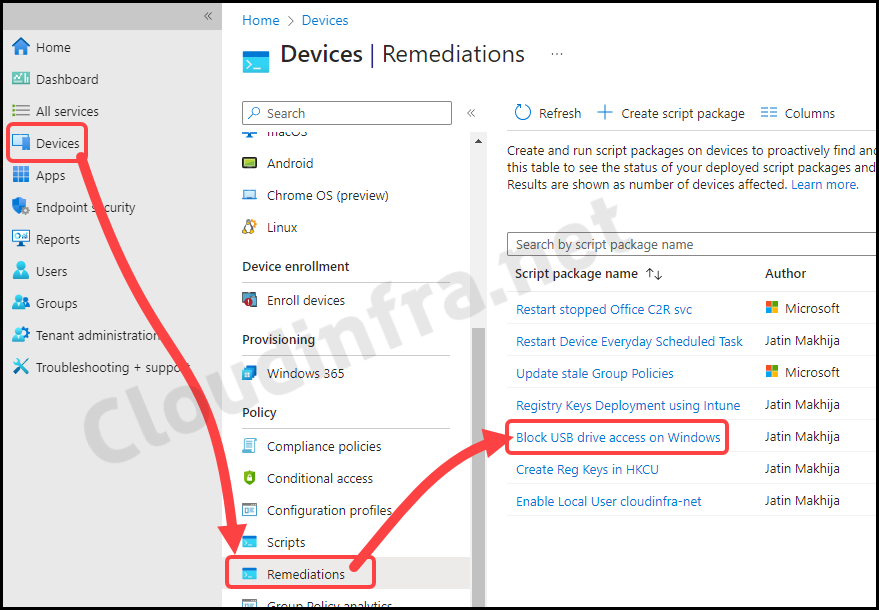 To monitor Intune device remediation, Go to Devices > Remediations > Click on USB Block remediation created