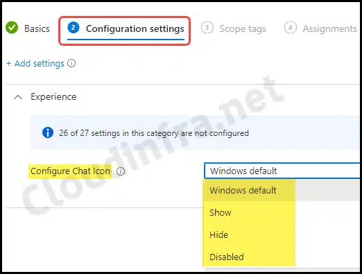 Configure Chat Icon options Windows default/Show/Hide/Disabled