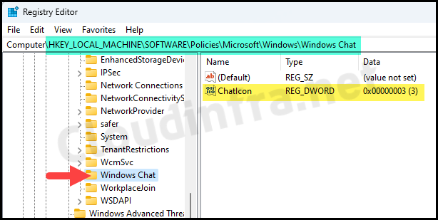 Registry key for disabling Teams chat Icon on Windows 11