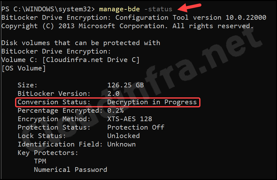 manage-bde -status shows that Decryption of the drive is in progress